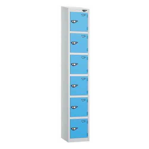 6 Tier - Steel Locker Sloping Top - Pearl Silver  Body/Cornflower Blue Door - Cam Lock - H1950 X W300 X D450