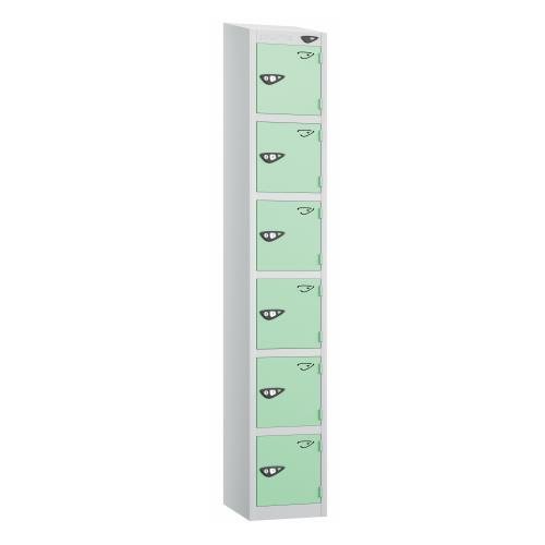 6 Tier - Steel Locker Sloping Top - Pearl  Silver Body/Mint Green Door - Cam Lock - H1950 X W300 X D450