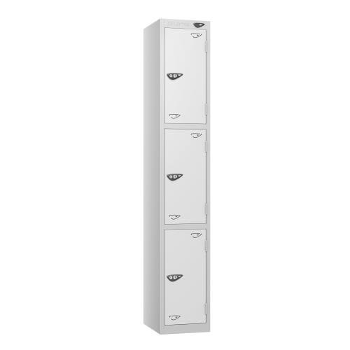 3 Tier - Steel Locker Flat Top - Pearl  Silver Body/White Door - Cam Lock - H1800 X W300 X D300