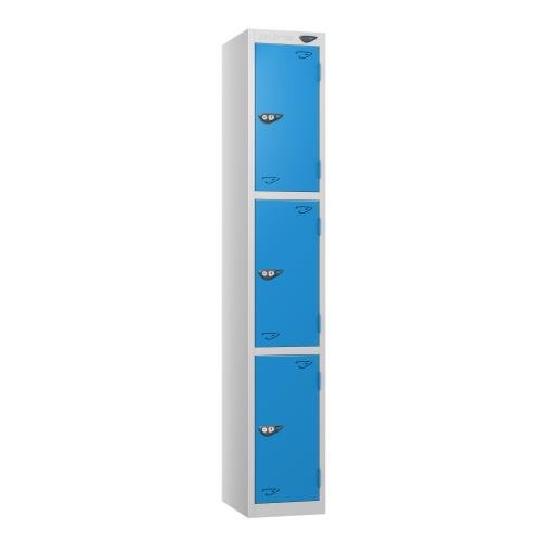 3 Tier - Steel Locker Flat Top - Pearl  Silver Body/Cobalt  Door - Cam Lock - H1800 X W300 X D300