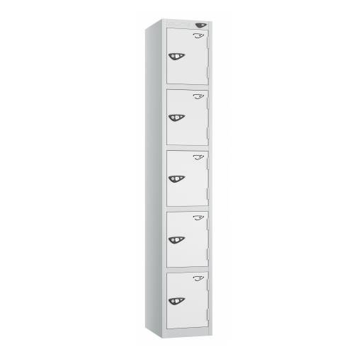 5 Tier - Steel Locker Flat Top - Pearl  Silver Body/White Door - Cam Lock - H1800 X W300 X D300