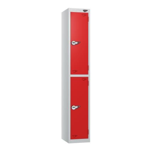 2 Tier - Steel Locker Flat Top - Pearl  Silver Body/Red Door - Combi Lock - H1800 X W300 X D450