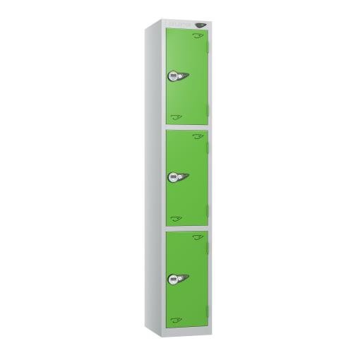 3 Tier - Steel Locker Flat Top - Pearl  Silver Body/Green Door - Combi Lock - H1800 X W300 X D450