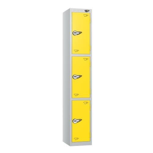 3 Tier - Steel Locker Flat Top - Pearl  Silver Body/Yellow Door - Combi Lock - H1800 X W300 X D450