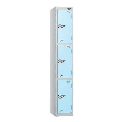 3 Tier - Steel Locker Flat Top - Pearl Silver  Body/Ribbon Blue Door - Combi Lock - H1800 X W300 X D450