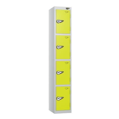 4 Tier - Steel Locker Flat Top - Pearl Silver  Body/Lime Green Door - Combi Lock - H1800 X W300 X D450