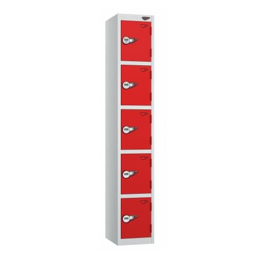 5 Tier - Steel Locker Flat Top - Pearl  Silver Body/Red Door - Combi Lock - H1800 X W300 X D450