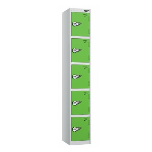 5 Tier - Steel Locker Flat Top - Pearl  Silver Body/Green Door - Combi Lock - H1800 X W300 X D450