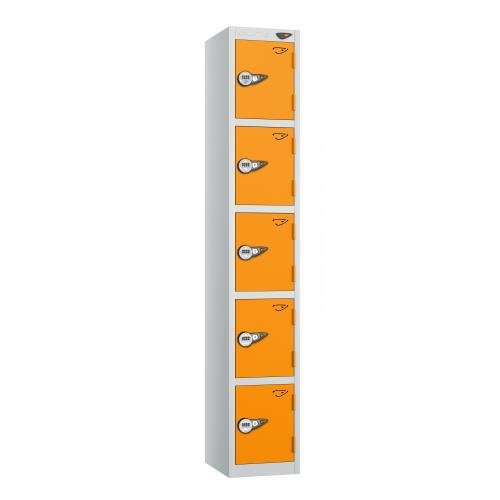 5 Tier - Steel Locker Flat Top - Pearl  Silver Body/Orange Door - Combi Lock - H1800 X W300 X D450