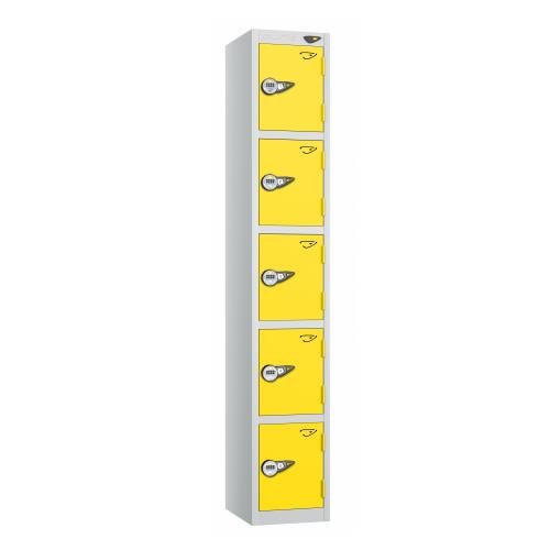 5 Tier - Steel Locker Flat Top - Pearl  Silver Body/Yellow Door - Combi Lock - H1800 X W300 X D450