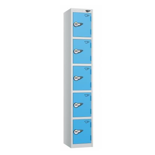 5 Tier - Steel Locker Flat Top - Pearl Silver  Body/Cornflower Blue Door - Combi Lock - H1800 X W300 X D450