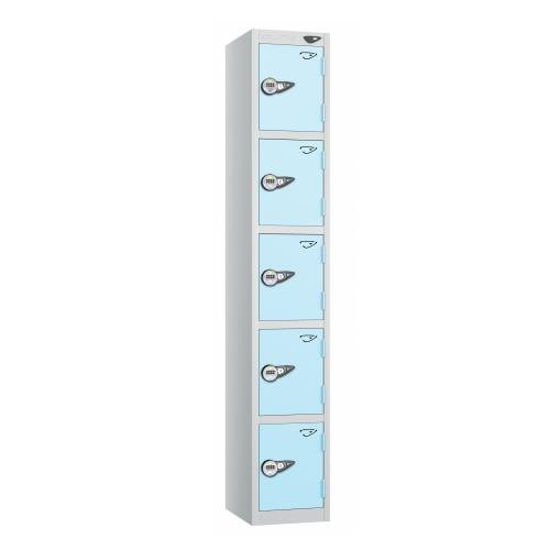5 Tier - Steel Locker Flat Top - Pearl Silver  Body/Ribbon Blue Door - Combi Lock - H1800 X W300 X D450