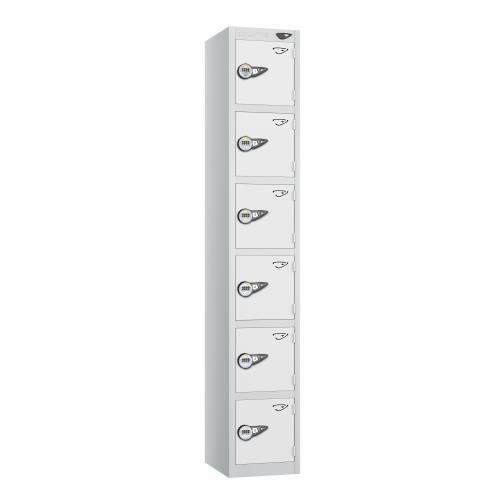 6 Tier - Steel Locker Flat Top - Pearl  Silver Body/White Door - Combi Lock - H1800 X W300 X D450