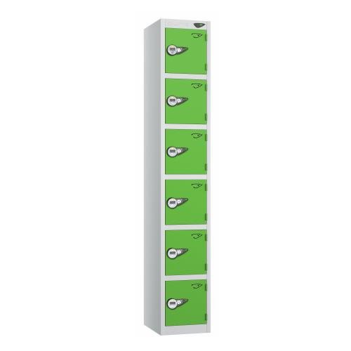 6 Tier - Steel Locker Flat Top - Pearl  Silver Body/Green Door - Combi Lock - H1800 X W300 X D450