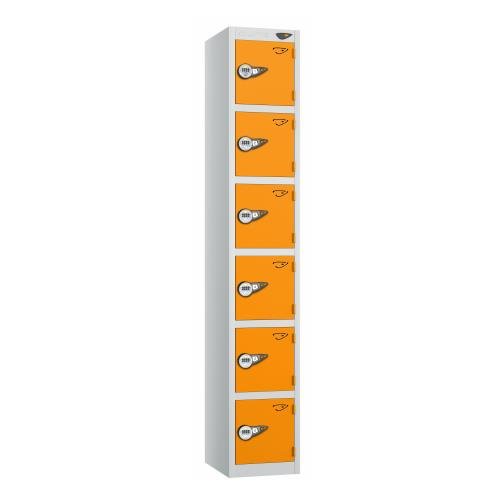 6 Tier - Steel Locker Flat Top - Pearl  Silver Body/Orange Door - Combi Lock - H1800 X W300 X D450