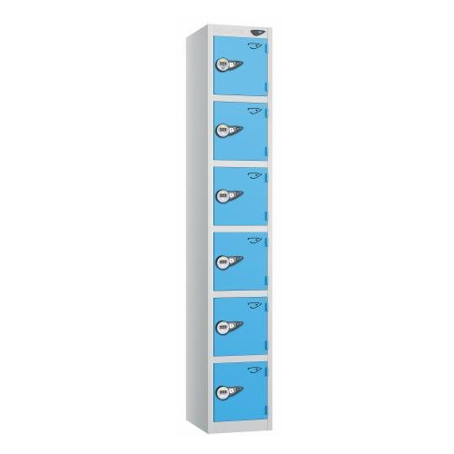 6 Tier - Steel Locker Flat Top - Pearl Silver  Body/Cornflower Blue Door - Combi Lock - H1800 X W300 X D450