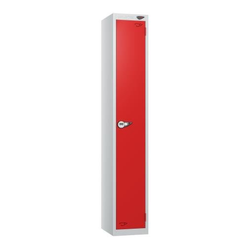 1 Tier - Steel Locker Flat Top - Pearl  Silver Body/Red Door - Combi Lock - H1800 X W300 X D300