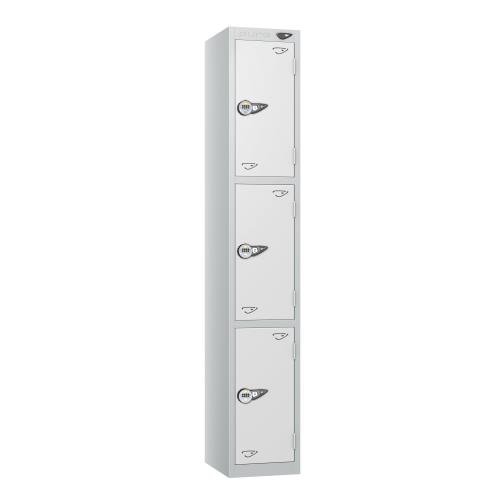 3 Tier - Steel Locker Flat Top - Pearl  Silver Body/White Door - Combi Lock - H1800 X W300 X D300