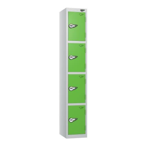 4 Tier - Steel Locker Flat Top - Pearl  Silver Body/Green Door - Combi Lock - H1800 X W300 X D300