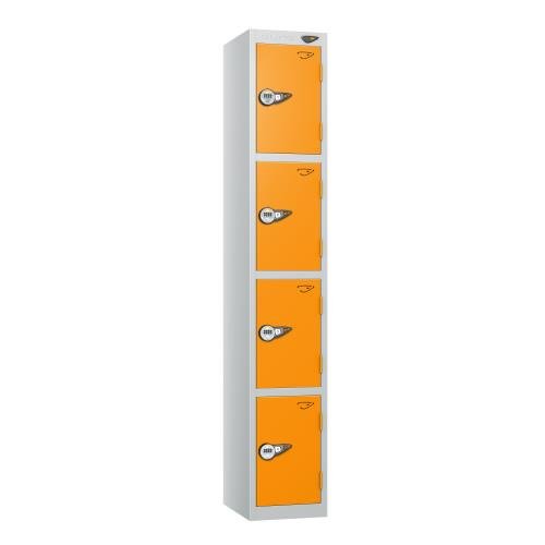 4 Tier - Steel Locker Flat Top - Pearl  Silver Body/Orange Door - Combi Lock - H1800 X W300 X D300