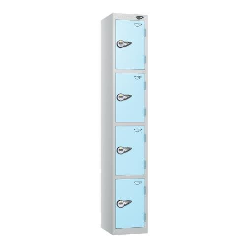 4 Tier - Steel Locker Flat Top - Pearl Silver  Body/Ribbon Blue Door - Combi Lock - H1800 X W300 X D300