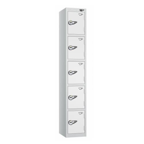 5 Tier - Steel Locker Flat Top - Pearl  Silver Body/White Door - Combi Lock - H1800 X W300 X D300