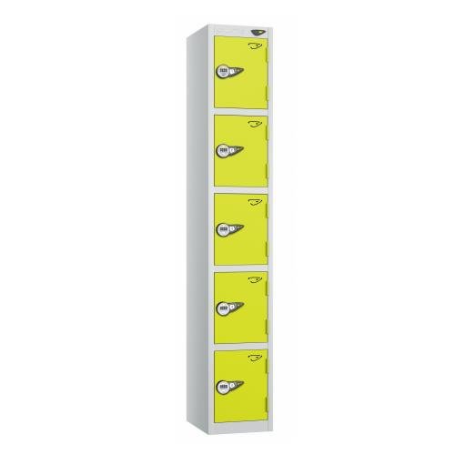 5 Tier - Steel Locker Flat Top - Pearl Silver  Body/Lime Green Door - Combi Lock - H1800 X W300 X D300