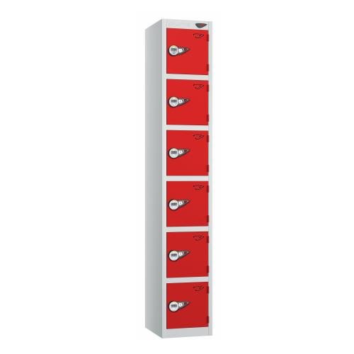 6 Tier - Steel Locker Flat Top - Pearl  Silver Body/Red Door - Combi Lock - H1800 X W300 X D300