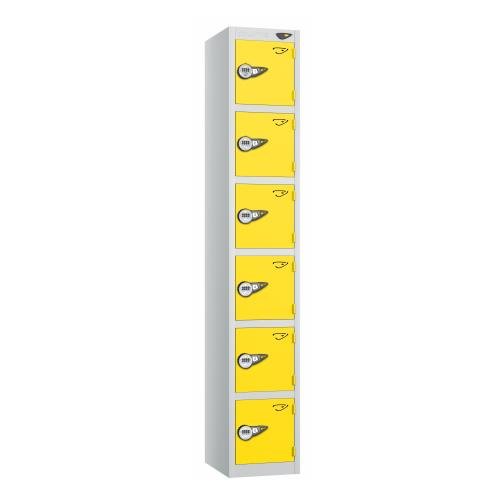 6 Tier - Steel Locker Flat Top - Pearl  Silver Body/Yellow Door - Combi Lock - H1800 X W300 X D300