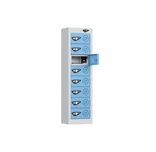 1005 X 250 X 180, 8 Tier Phone Charging  Mini Locker Cam Locks 3 Pin  Silver/Cornflower Blue