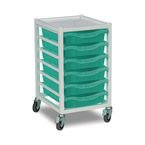 Single Column Storage Trolley- White with 6 Single Aqua Green Trays