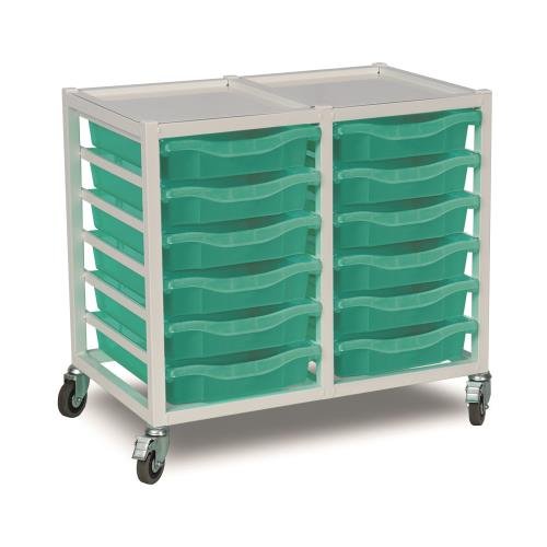 Double Column Storage Trolley  - White With 12 Single Aqua Green Trays
