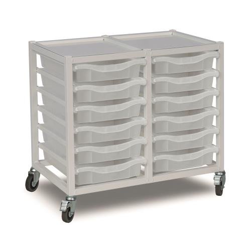 Double Column Storage Trolley  - White With 12 Single Translucent Trays