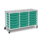 Triple Column Storage Trolley- White with 18 Single Aqua Green Trays