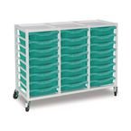 Triple Column Storage Trolley- White with 24 Single Aqua Green Trays