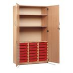 Storage Cupboard, Beech Effectwith 21 Single Sized Trays in Red