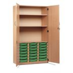 Storage Cupboard, Beech Effectwith 21 Single Sized Trays in Green