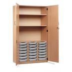 Storage Cupboard, Beech Effectwith 21 Single Sized Trays in Light Grey