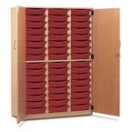 Storage Cupboard, Beech Effectwith 48 Single Sized Trays in Red