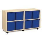 Quad Column Mobile Storage Unit- Beech Effect with 8 Quad Sized Blue Trays