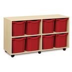 Quad Column Mobile Storage Unit- Beech Effect with 8 Quad Sized Red Trays
