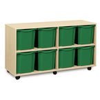 Quad Column Mobile Storage Unit- Beech Effect with 8 Quad Sized Green Trays