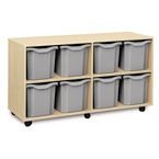 Quad Column Mobile Storage Unit- Beech Effect with 8 Quad Sized Light Grey Trays