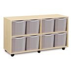 Quad Column Mobile Storage Unit -beech Effect with 8 Quad Sized Translucent Trays