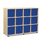 Quad Column Mobile Storage Unit- Beech Effect with 12 Quad Sized Blue Trays