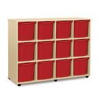Quad Column Mobile Storage Unit- Beech Effect with 12 Quad Sized Red Trays