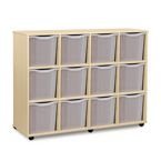 Quad Column Mobile Storage Unit -beech Effect with 12 Quad Sized Translucent Trays