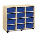 Triple Column Mobile Storage Unit- Beech Effect with 12 Double Blue Trays