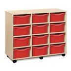 Triple Column Mobile Storageunit - Beech Effect with 12 Double Red Trays