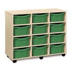Triple Column Mobile Storage Unit- Beech Effect with 12 Double Green Trays
